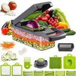 15-in-1 vegetable chopper with container and interchangeable blades on a kitchen counter