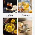 Four images showing coffee, fruit tea, scented tea, and water 