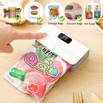 Rechargeable mini bag sealer with cutter sealing an open snack bag