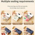 Sealing machine with various bag types including nut, tea, QQ sugar, chicken wing, bread, and cookie bags.