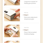 Step-by-step guide for operating a sealing machine with images and text instructions.