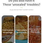 Three images showing different food products with text about 'unsealed' troubles.