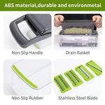 Vegetable chopper blades and cleaning claw laid out beside the container and lid